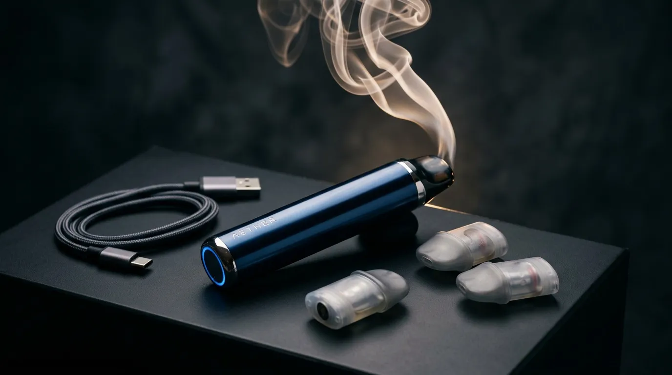 Cigarette électronique bleue avec vapeur, câble USB et cartouches