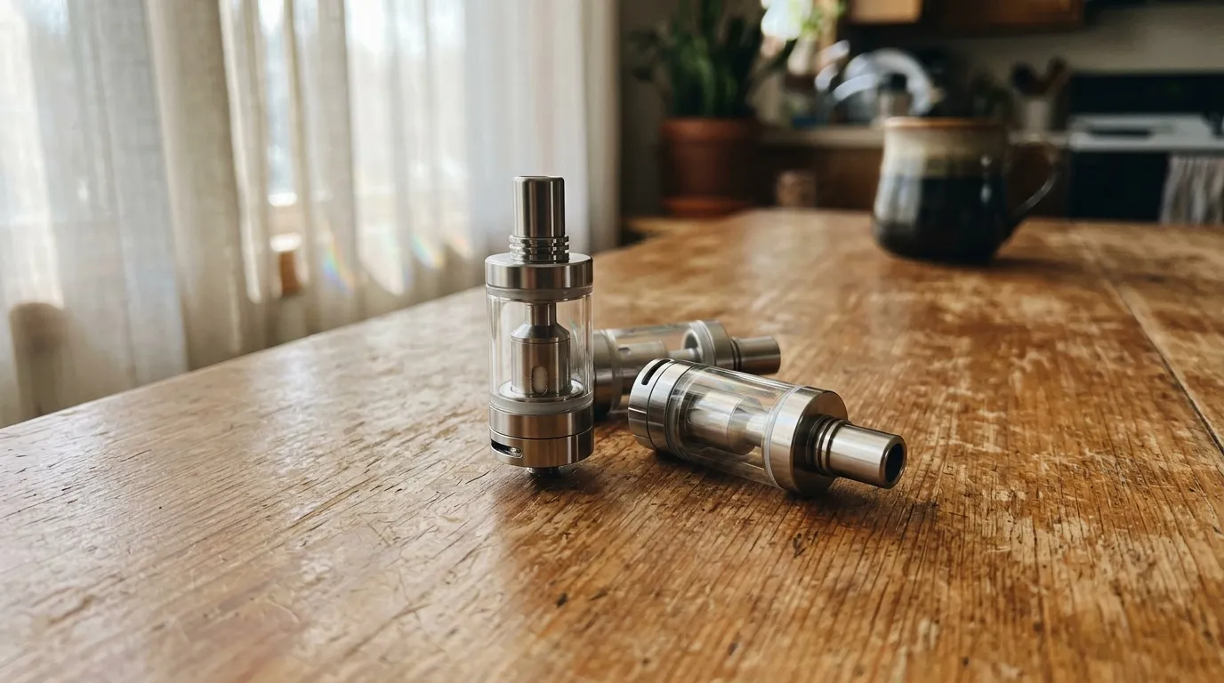 Deux clearomiseurs métalliques posés sur une table en bois