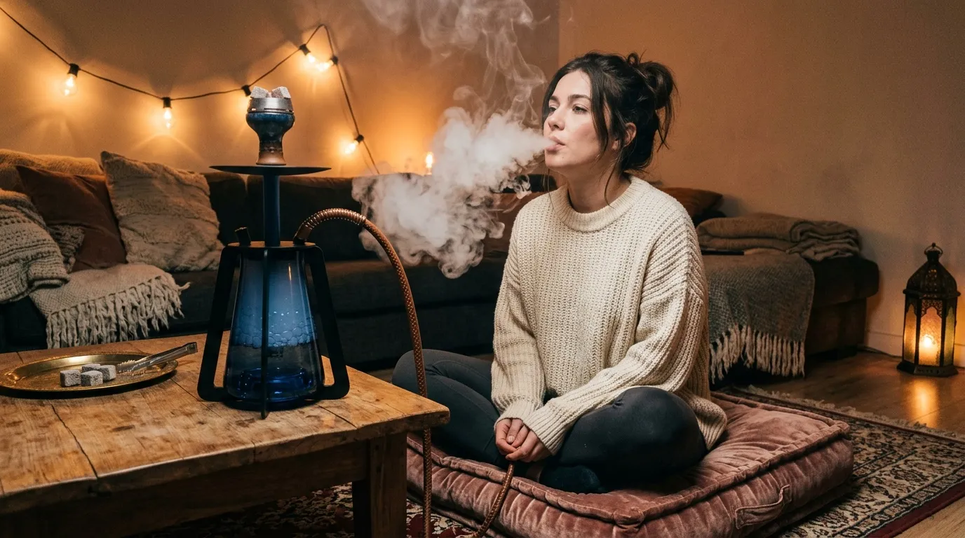 Femme relaxée près d'un humidificateur dans un salon chaleureux.