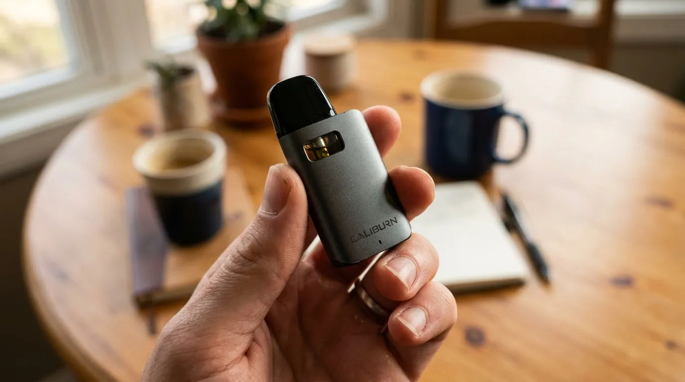 Main tenant un vaporisateur Caliburn gris sur table bois