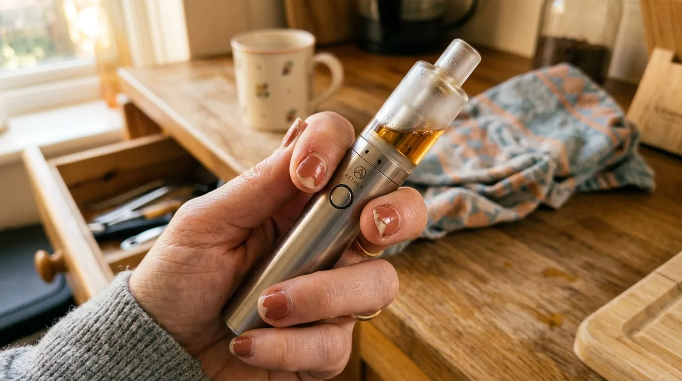 Main tenant un vaporisateur électronique argenté avec liquide ambré